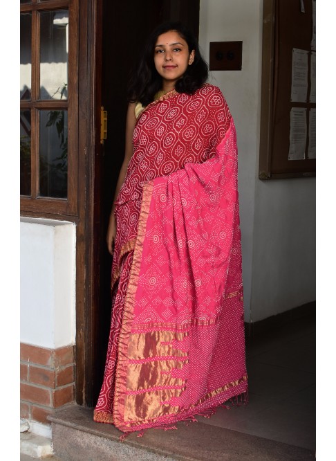 Red with Pink ,Handwoven Organic Cotton, Textured Weave , Tie & dye, Occasion Wear, Jari, Rai Bandhani Saree